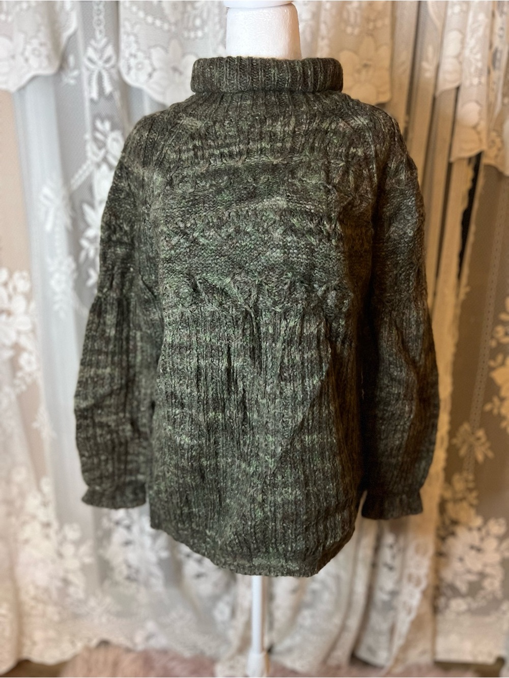 Ann Taylor Olive Cable Knit Mock Neck Sweater Wool Blend